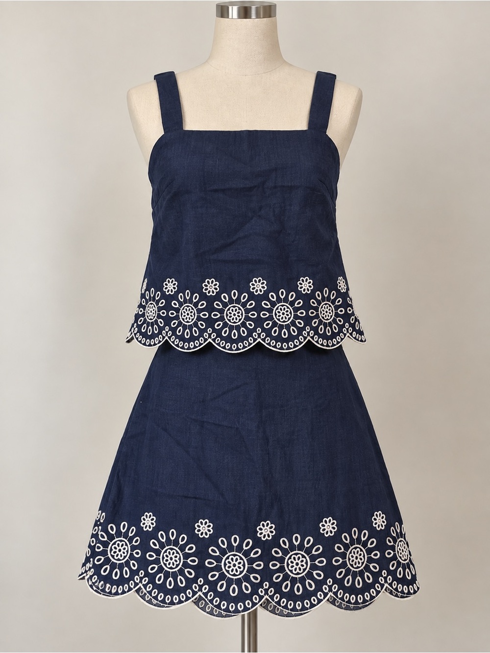 Commense Navy Two-Piece Eyelet Embroidered Skirt Set